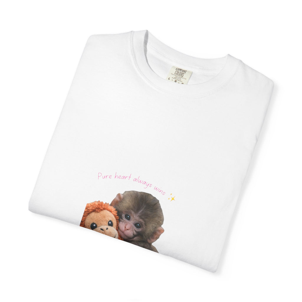 Pure Heart Always Wins Cute Baby Monkey Punch Hug Shirt | Inspirational Positive Quote Graphic Tee | Kindness Message Animal Lover Gift
