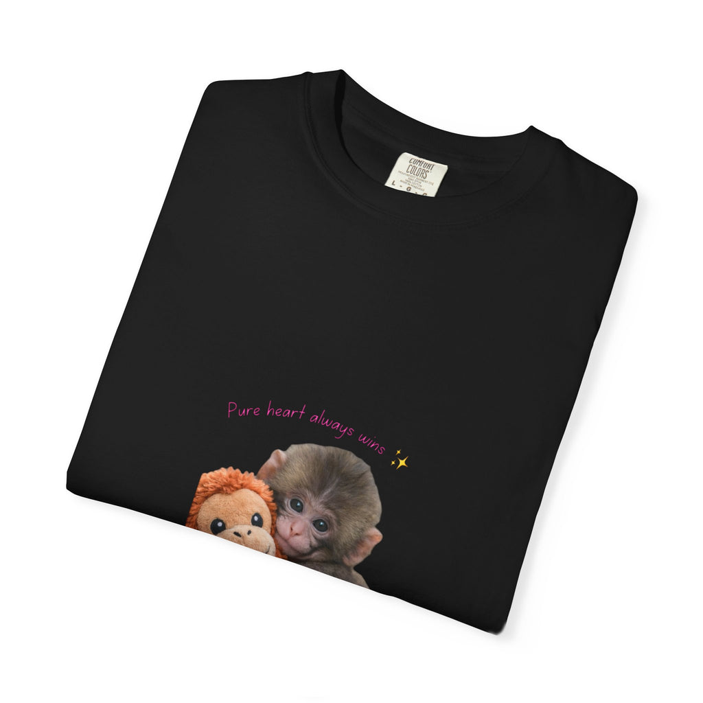 Pure Heart Always Wins Cute Baby Monkey Punch Hug Shirt | Inspirational Positive Quote Graphic Tee | Kindness Message Animal Lover Gift