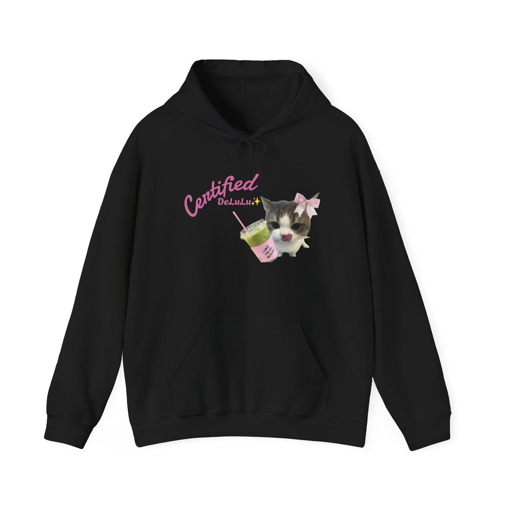 Cat Mom Hoodie — “Certified delulu” Cute Kitten with Coffee Graphic Hooded Sweatshirt