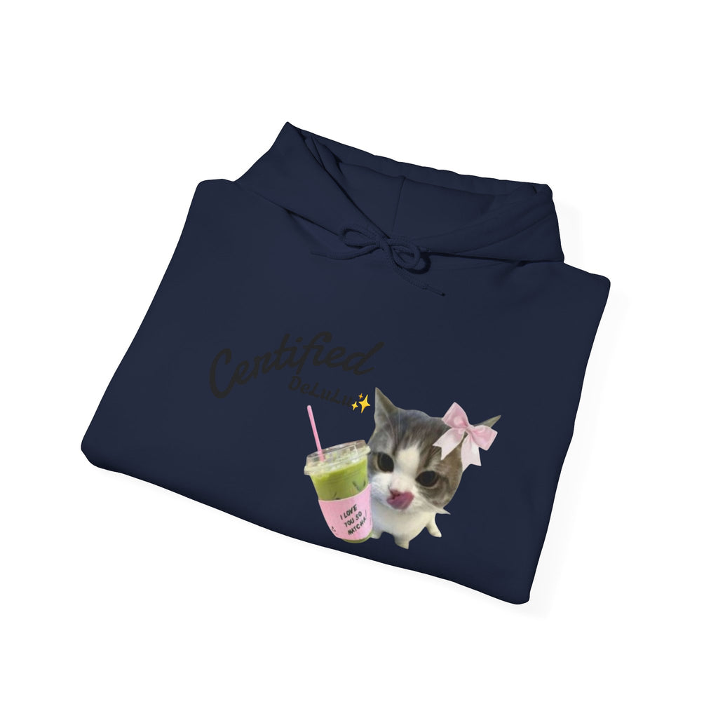 Cat Mom Hoodie — “Certified delulu” Cute Kitten with Coffee Graphic Hooded Sweatshirt