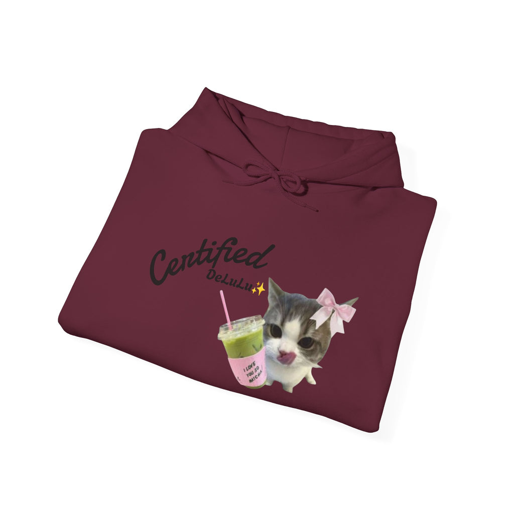 Cat Mom Hoodie — “Certified delulu” Cute Kitten with Coffee Graphic Hooded Sweatshirt