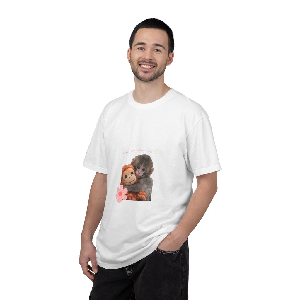 Pure Heart Always Wins Cute Baby Monkey Punch Hug Shirt | Inspirational Positive Quote Graphic Tee | Kindness Message Animal Lover Gift