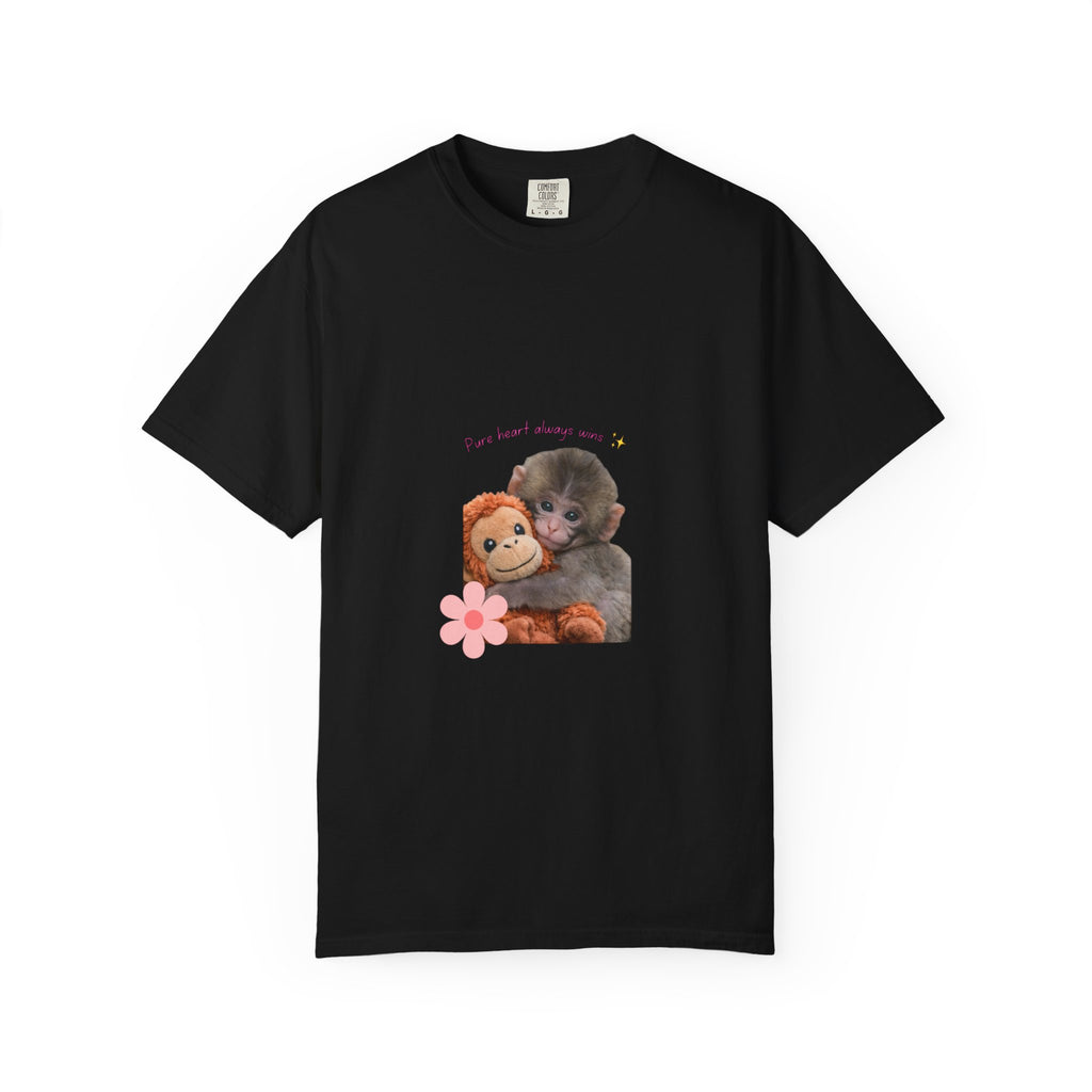 Pure Heart Always Wins Cute Baby Monkey Punch Hug Shirt | Inspirational Positive Quote Graphic Tee | Kindness Message Animal Lover Gift
