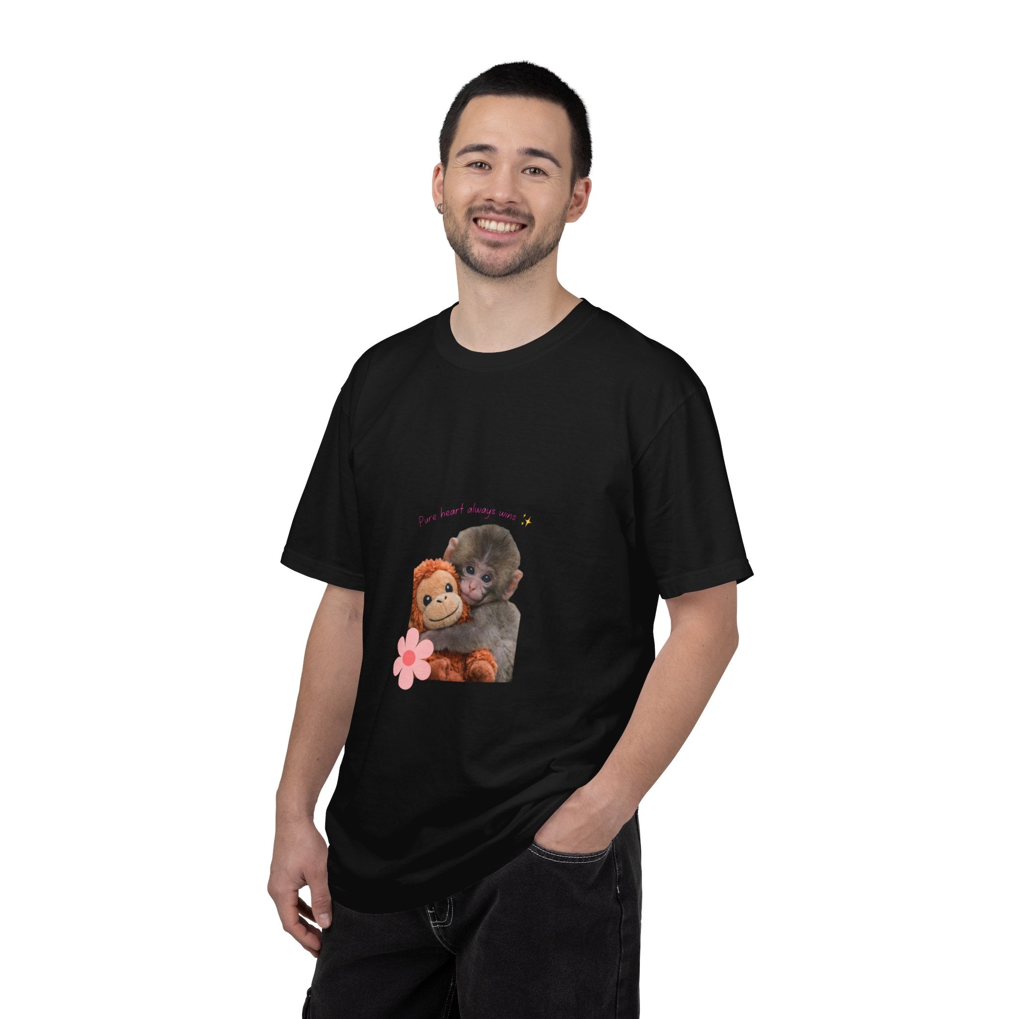 Pure Heart Always Wins Cute Baby Monkey Punch Hug Shirt | Inspirational Positive Quote Graphic Tee | Kindness Message Animal Lover Gift